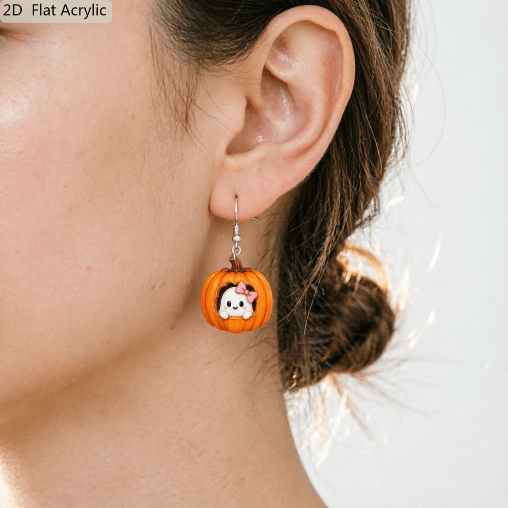 Cute Bow Ghost Inside Pumpkin Acrylic Dangle Earrings